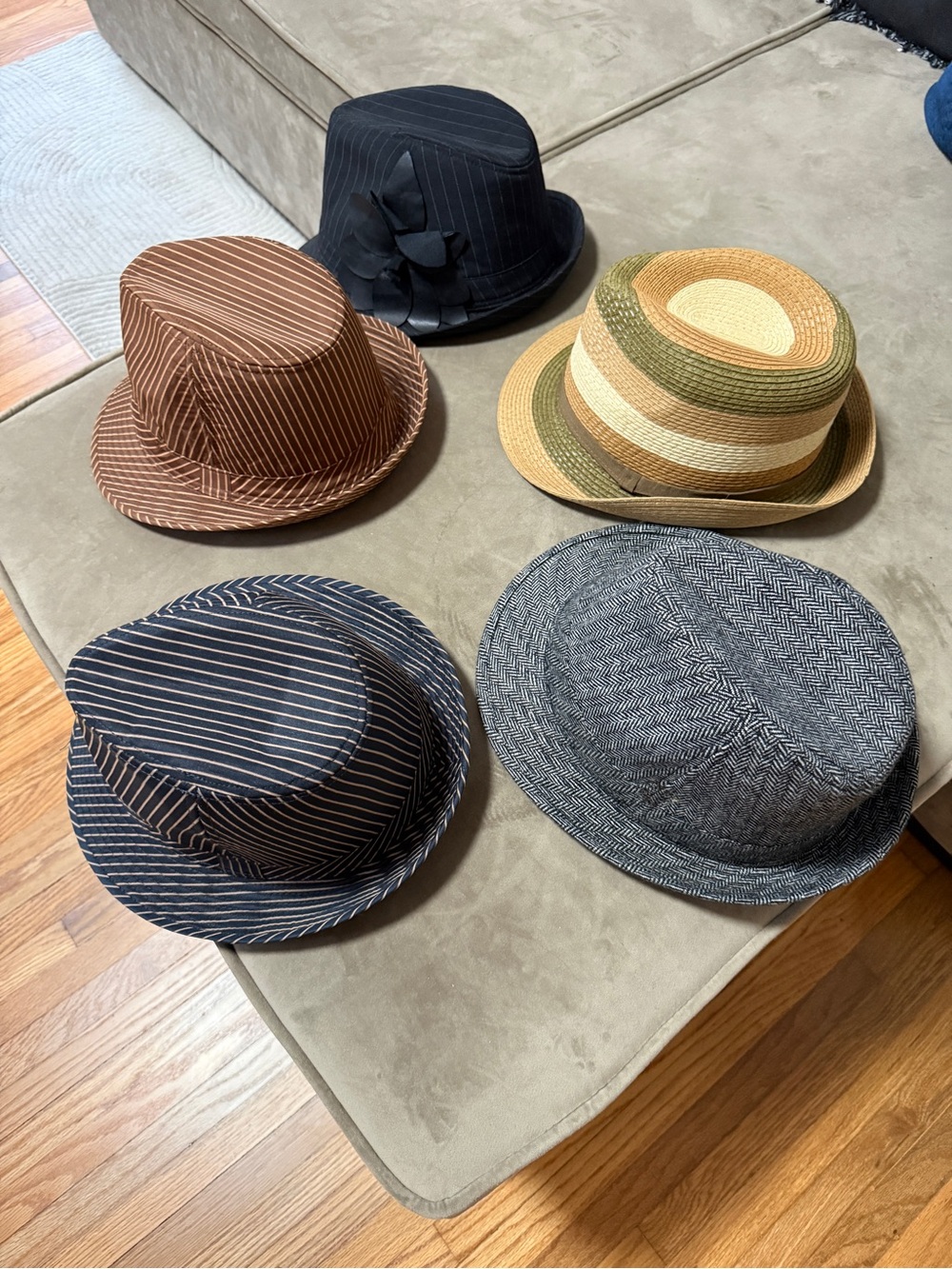Lot of 5 Fashion Fedora & Trilby Hats - Neutral Stripes & Straw